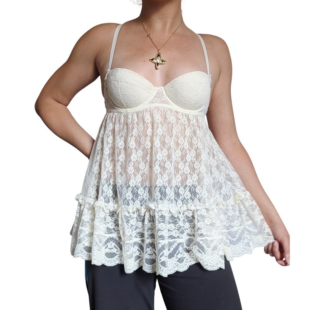 Vintage Victoria's Secret Y2K Coquette Boho Chic Sheer Lace Babydoll Cami Top